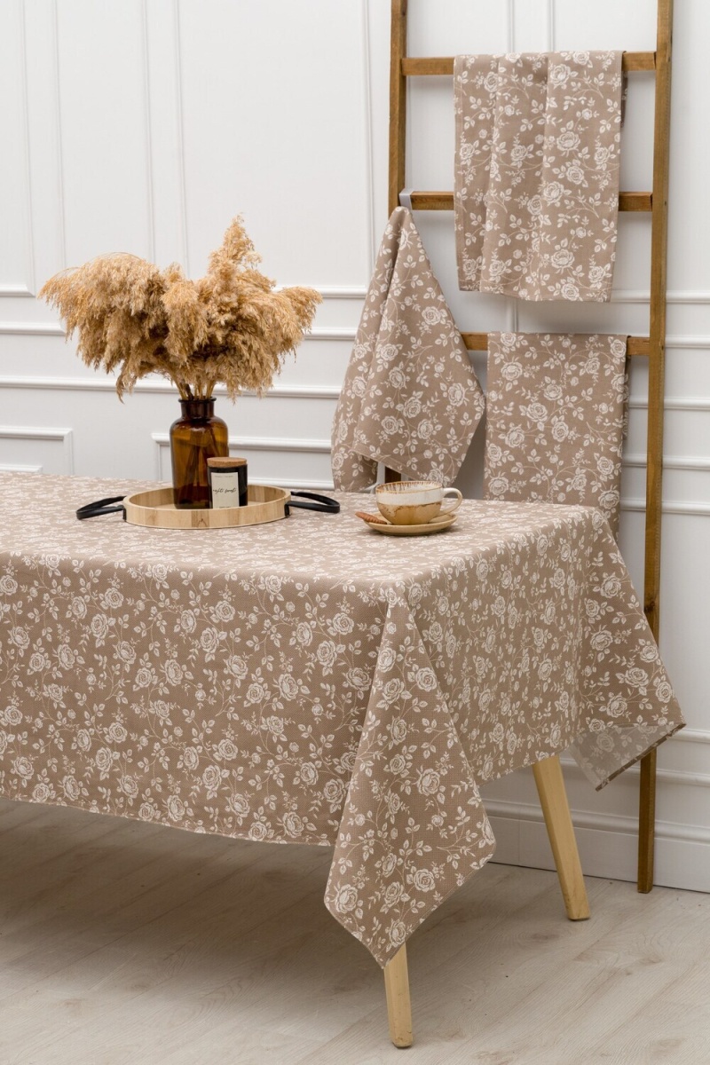 (ВНЛ) Скатерть Розы на льне (коричневый)