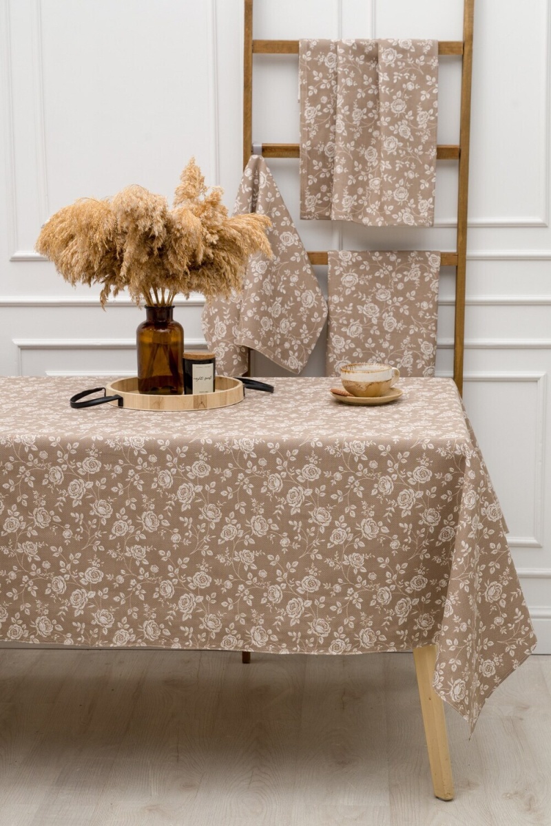 (ВНЛ) Скатерть Розы на льне (коричневый)