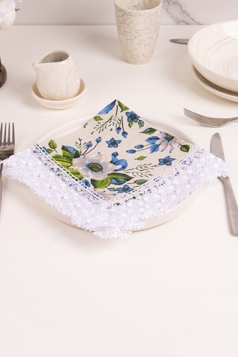 Салфетка полулен с кружевом 028 Герберы (синий) (вид 9)