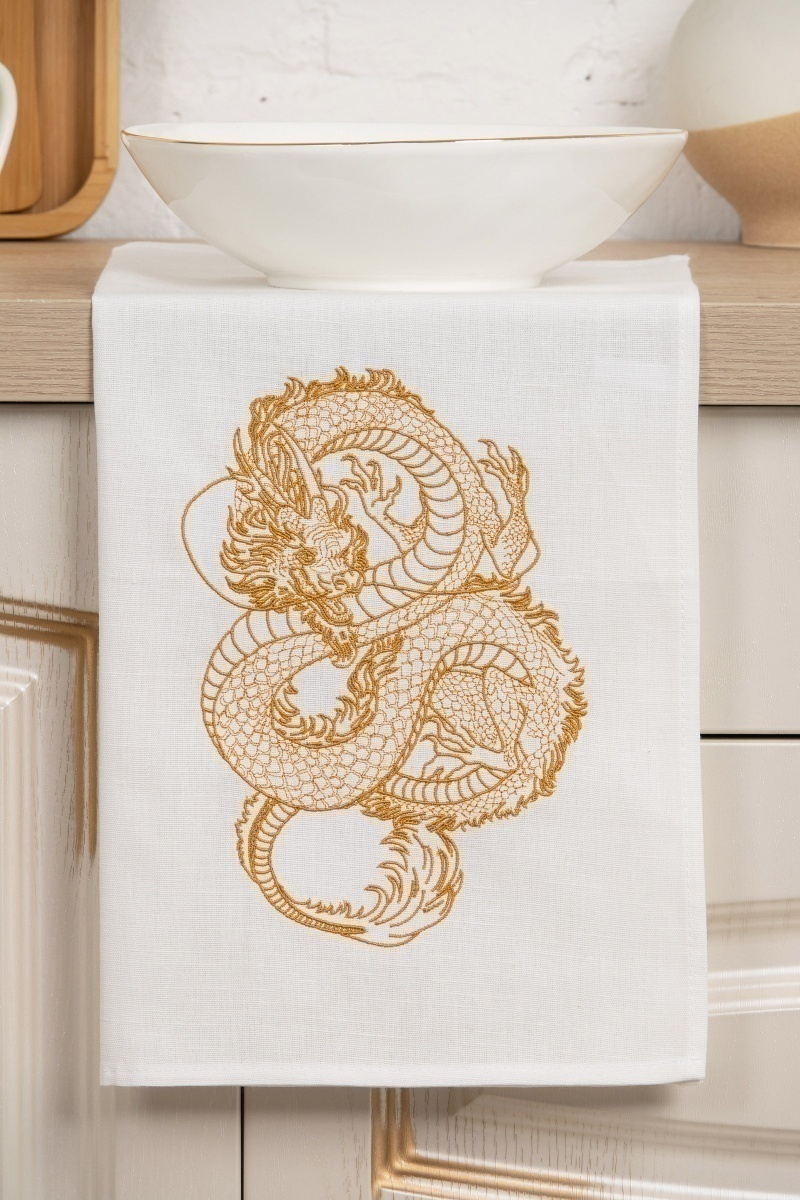 Полотенце полулен Отбеленное с вышивкой Дракон (золото) 358 - 45/60