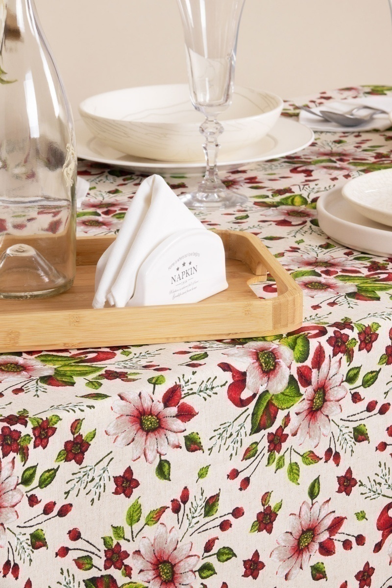 Скатерть полулен 016 Герберы (красный)