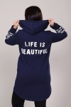 Удлиненная толстовка-худи с принт-текстом на спине - LIFE IS - 417 - т-синий