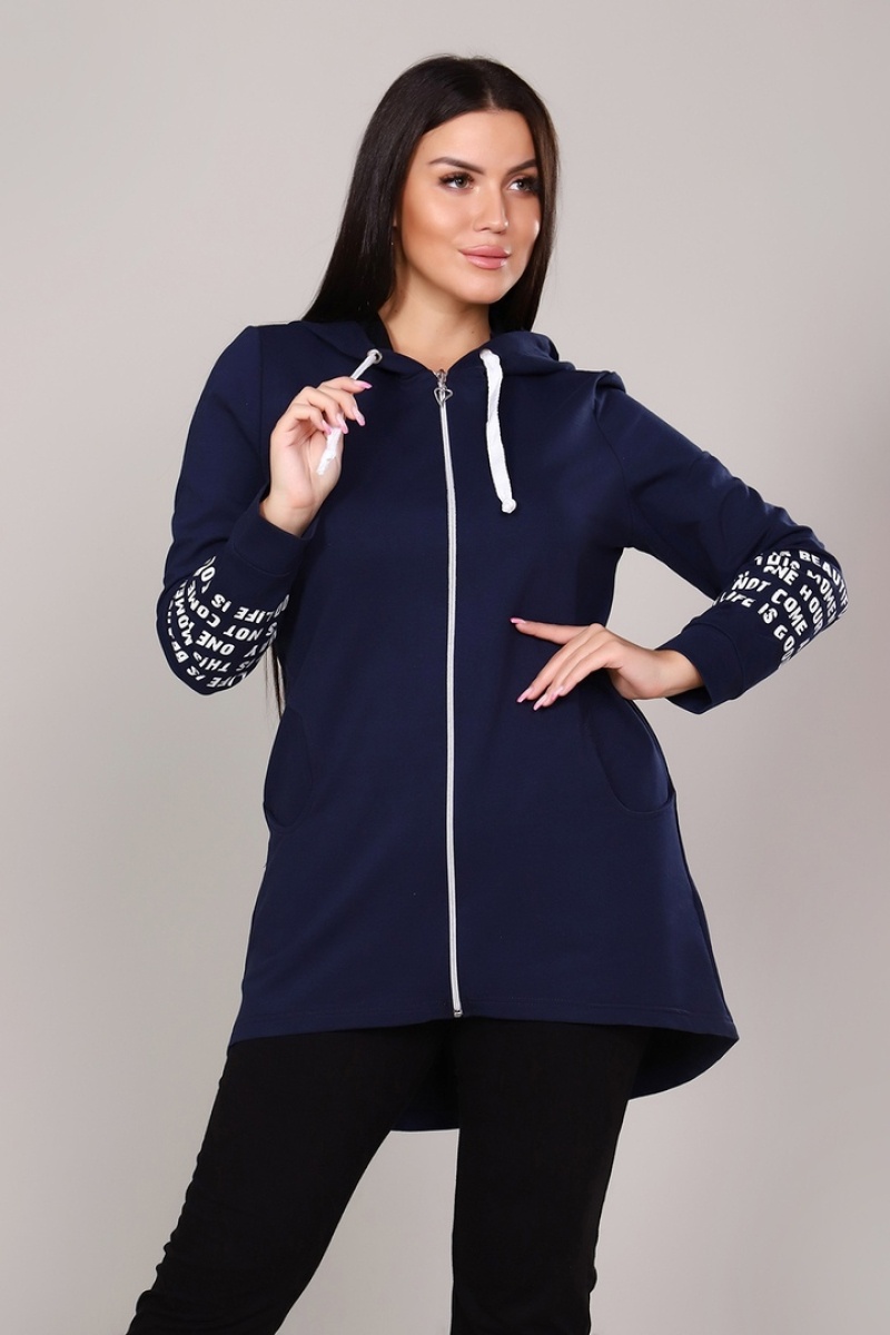 Удлиненная толстовка-худи с принт-текстом на спине - LIFE IS - 417 - т-синий