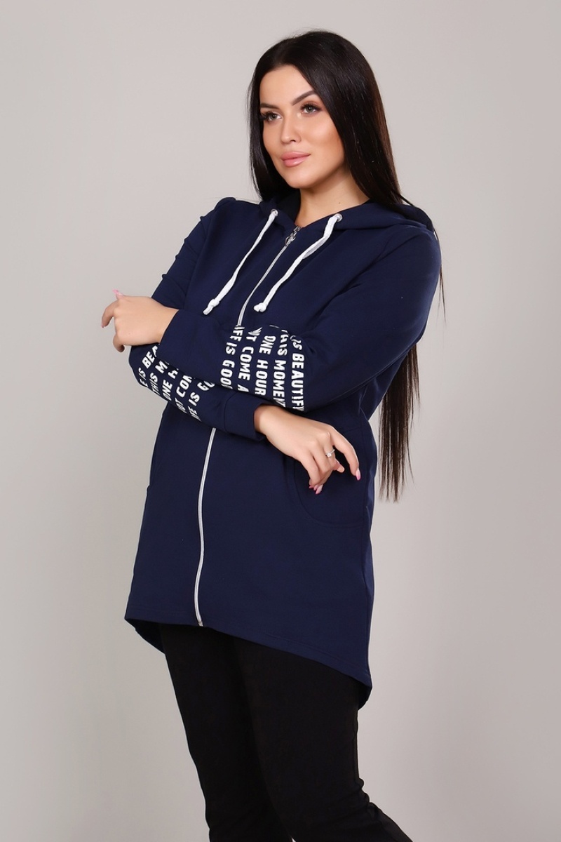 Удлиненная толстовка-худи с принт-текстом на спине - LIFE IS - 417 - т-синий