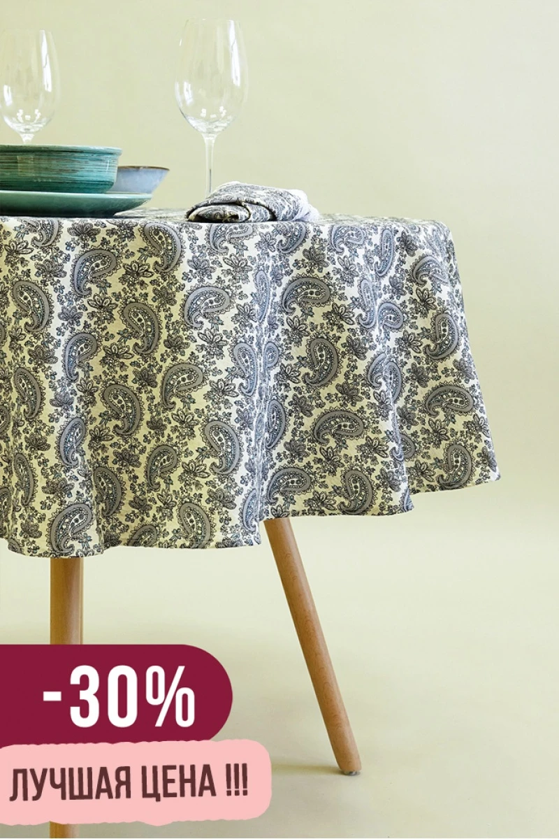 Скатерть полулен круглая 035 Восточный пейсли (серый) 145х145 см