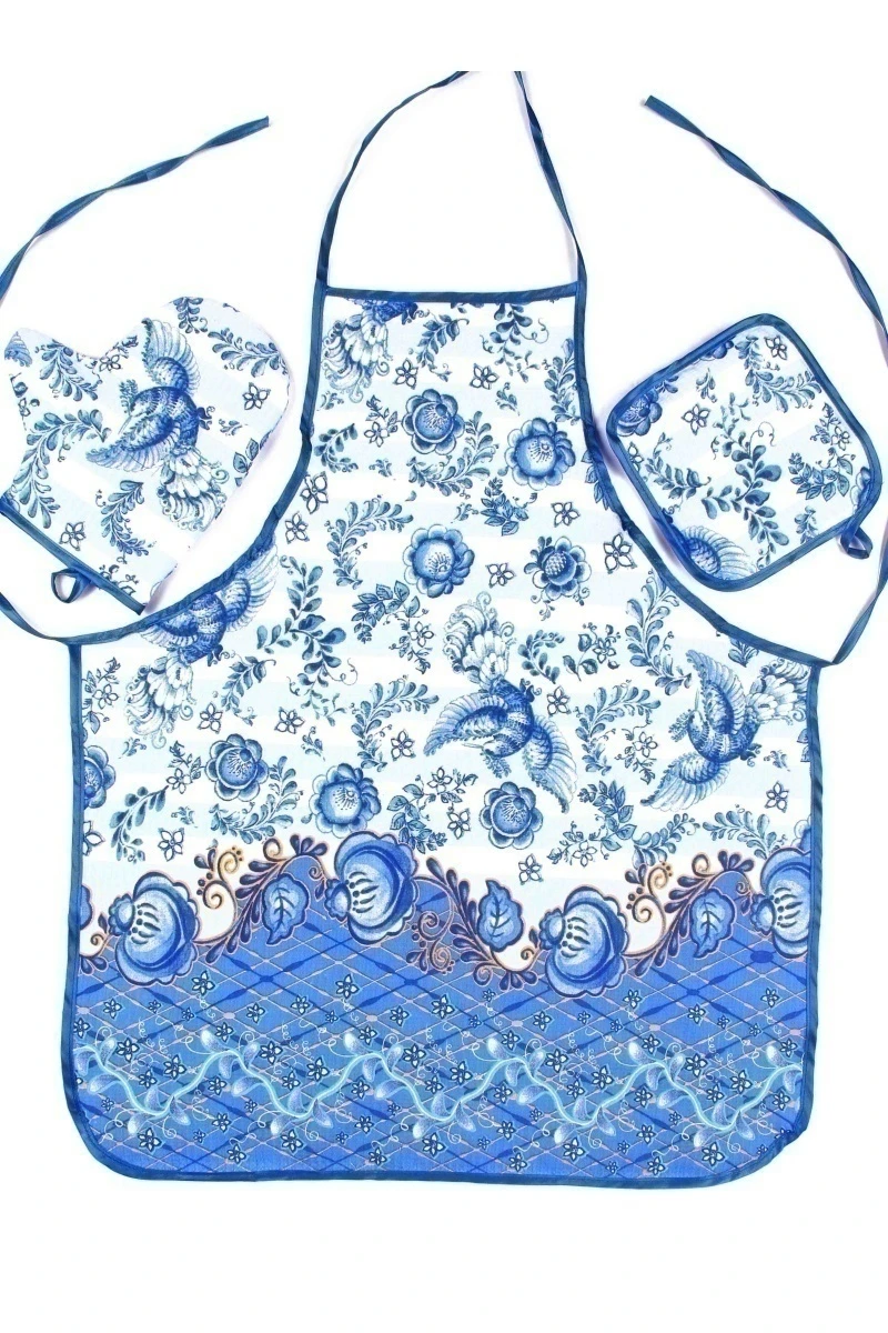 (К) Кухонный набор 034 Гжель Узоры: фартук, прихватка, рукавица