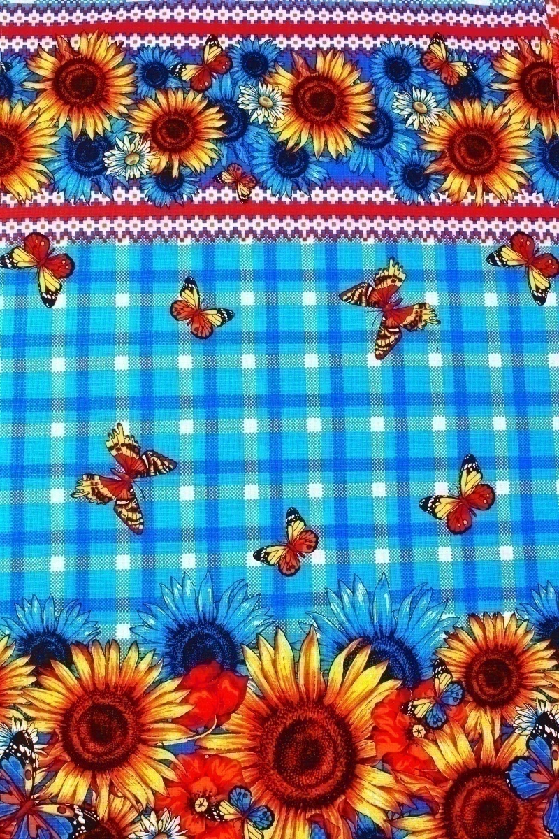 (К) Полотенце пляжное вафельное 095 Подсолнухи и бабочки синее - 150/80