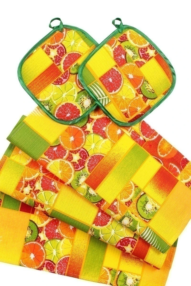 (К) Кухонный набор 106 Цитрусовый микс: полотенце, 2 прихватки