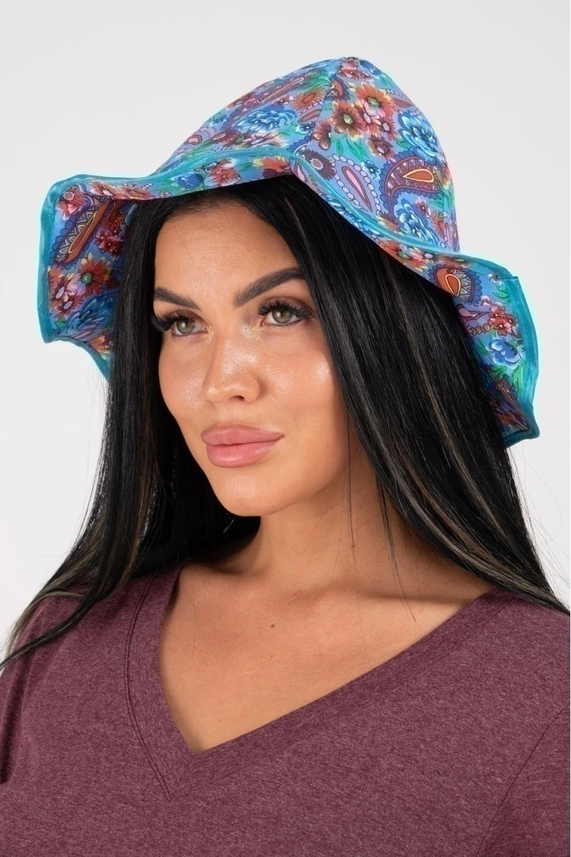 Панама женская голубой, цветы с узором