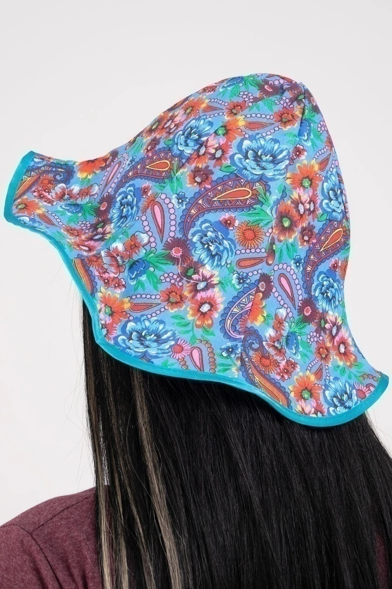Панама женская голубой, цветы с узором