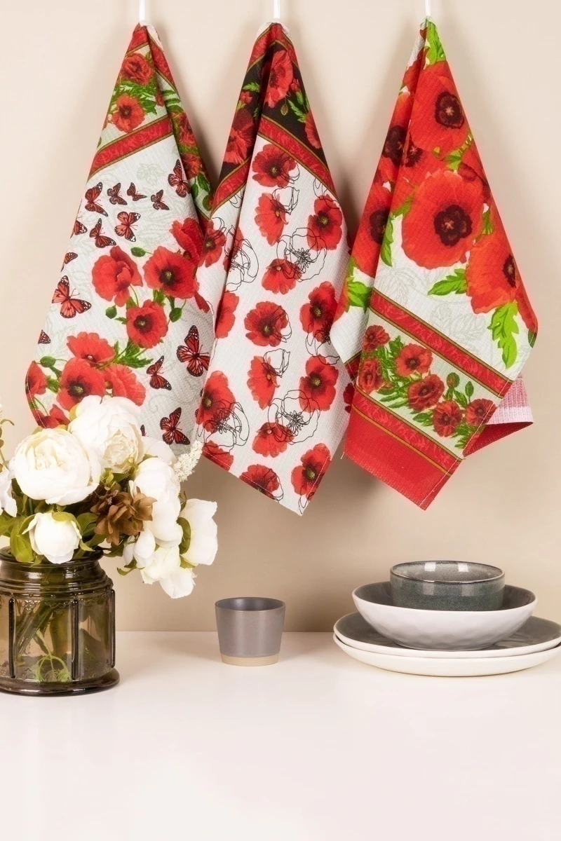 Набор вафельных полотенец (ХБК) 076 Красные маки - 3 шт - 45х60 см