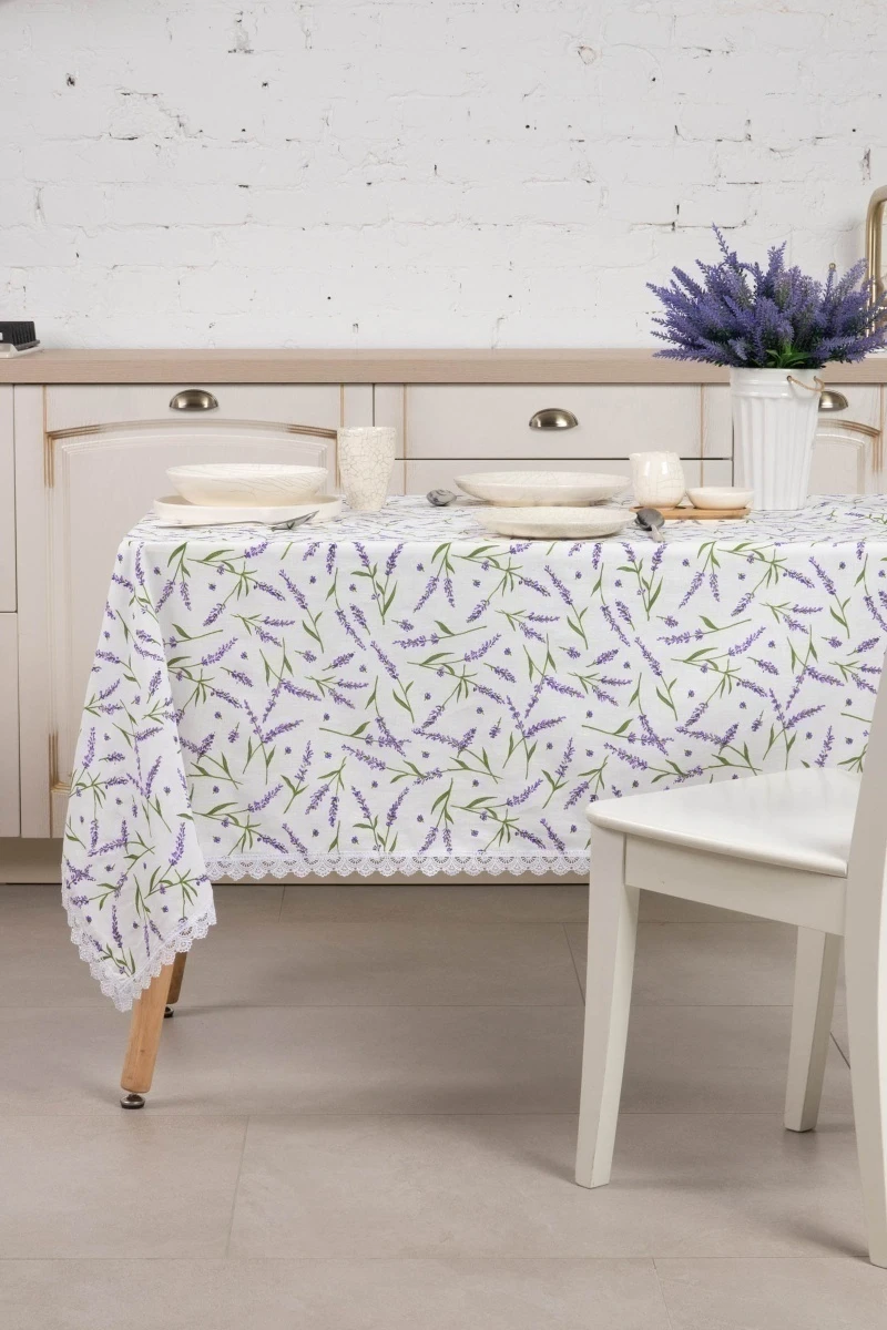 Скатерть с кружевом полулен 031 Лаванда (белый) (вид 2)