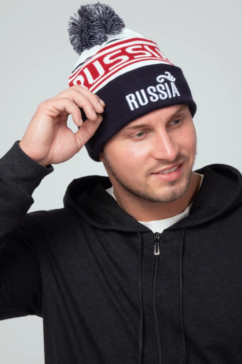 Шапка зимняя спортивная с помпоном - Черно-белая (RUSSIA)