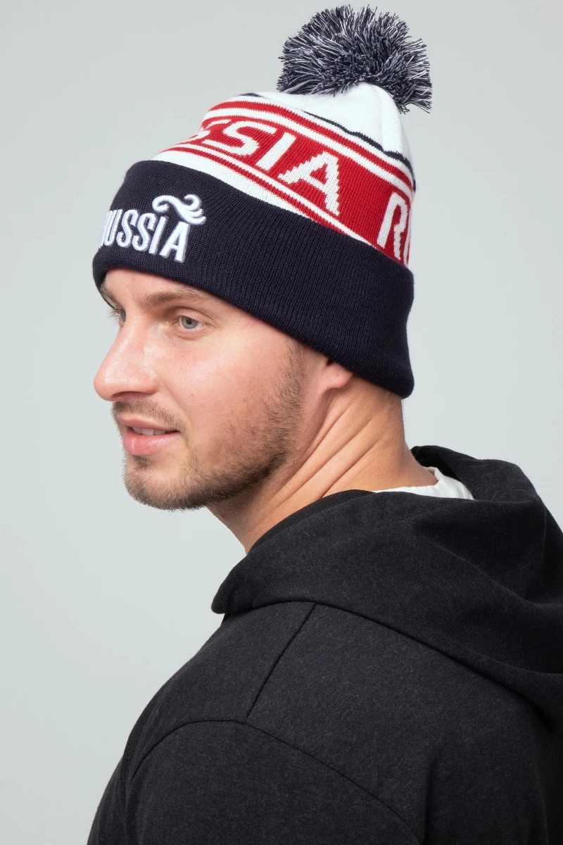 Шапка зимняя спортивная с помпоном - Черно-белая (RUSSIA)