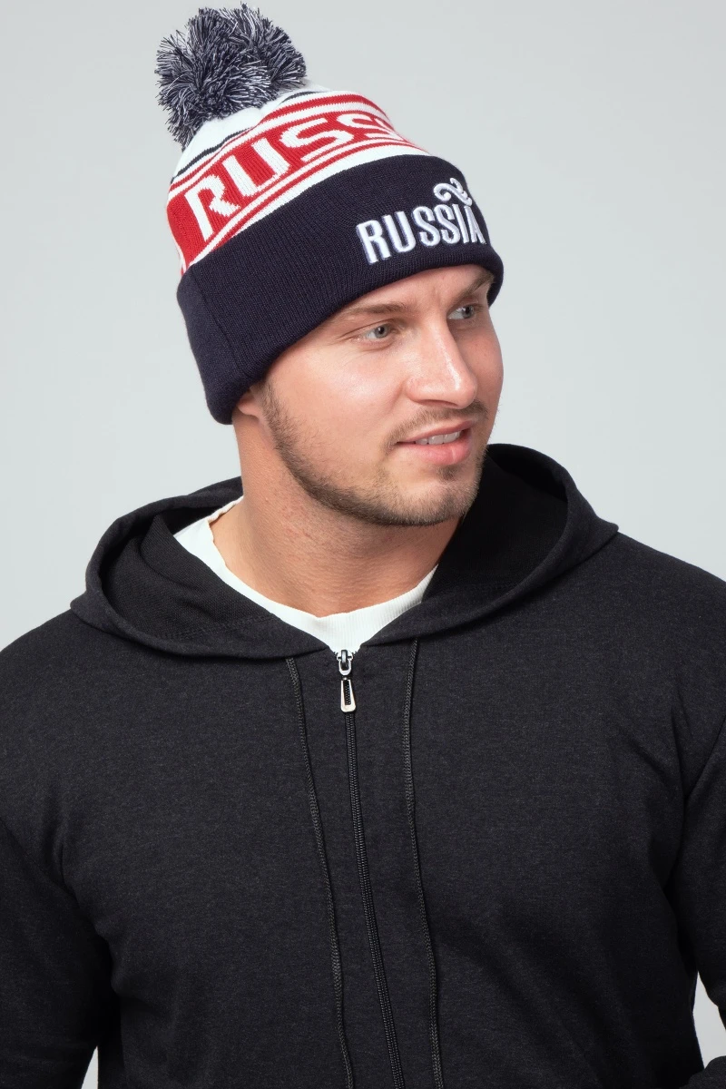 Шапка зимняя спортивная с помпоном - Черно-белая (RUSSIA)