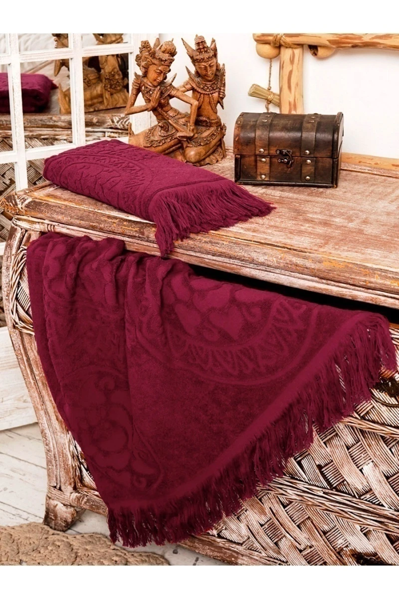 Покрывало махровое Узелочки с бахромой (5121) - бордовый