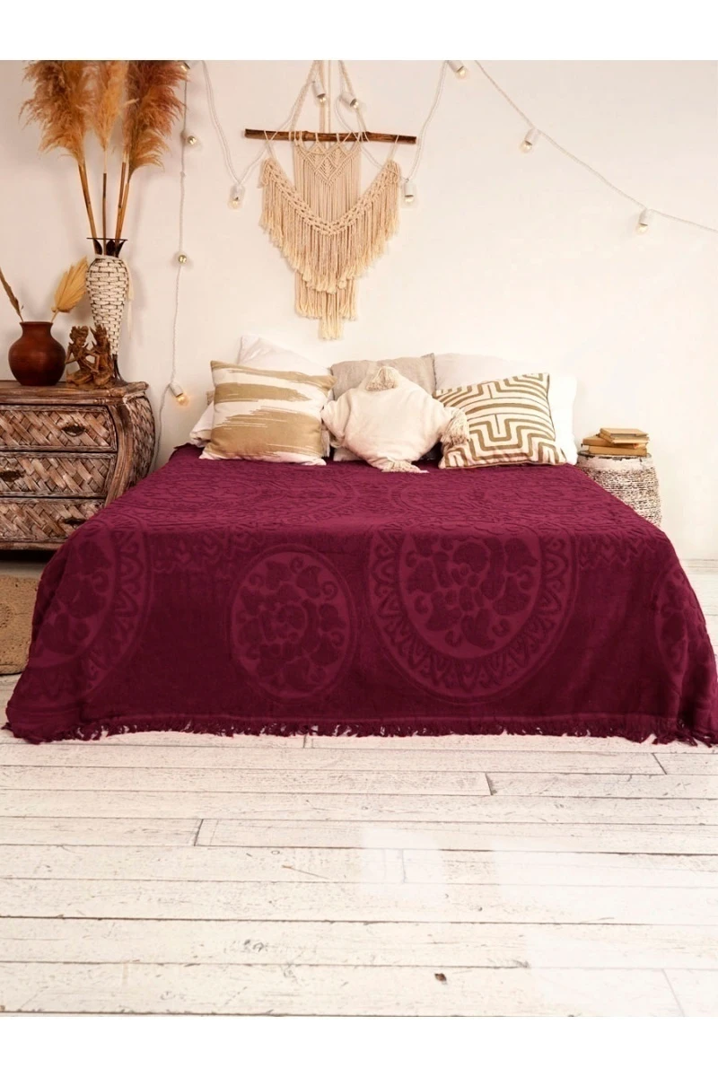 Покрывало махровое Узелочки с бахромой (5121) - бордовый
