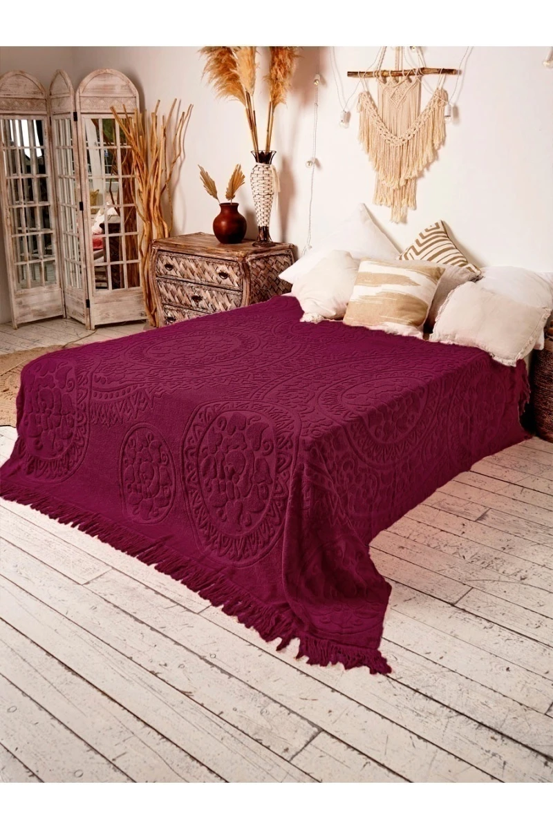 Покрывало махровое Узелочки с бахромой (5121) - бордовый