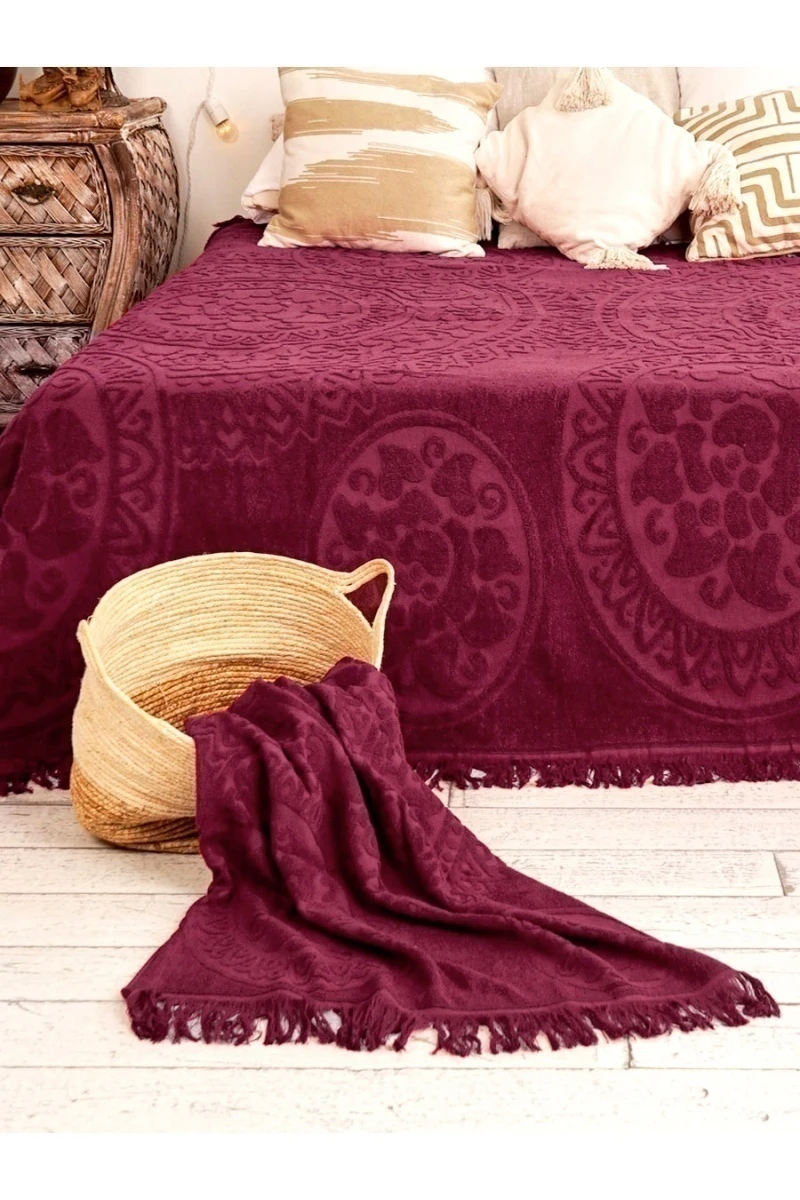 Покрывало махровое Узелочки с бахромой (5121) - бордовый