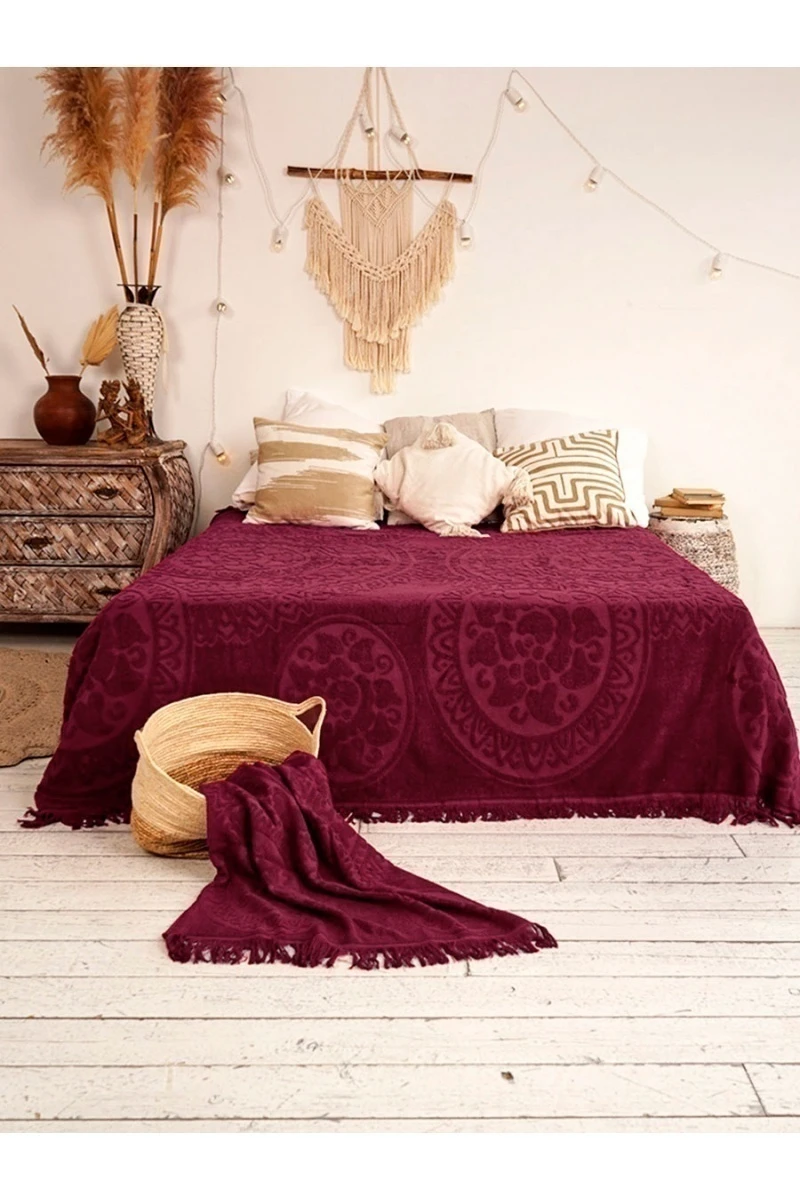 Покрывало махровое Узелочки с бахромой (5121) - бордовый