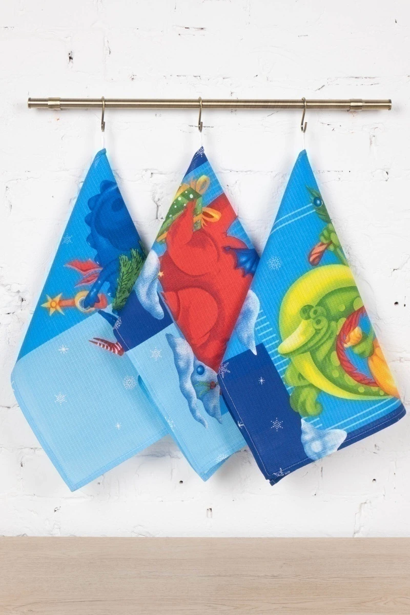 Набор вафельных полотенец (ХБК) 378 Веселые драконы - 3 шт - 45х60 см