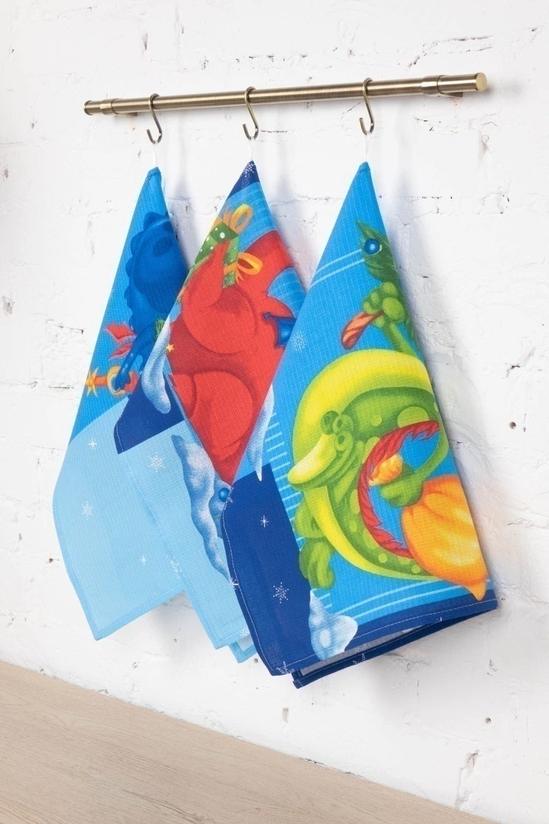 Набор вафельных полотенец (ХБК) 378 Веселые драконы - 3 шт - 45х60 см