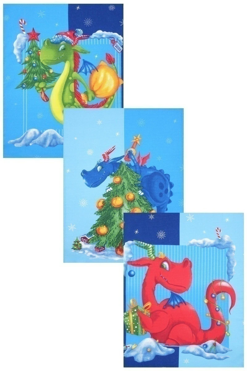 Набор вафельных полотенец (ХБК) 378 Веселые драконы - 3 шт - 45х60 см