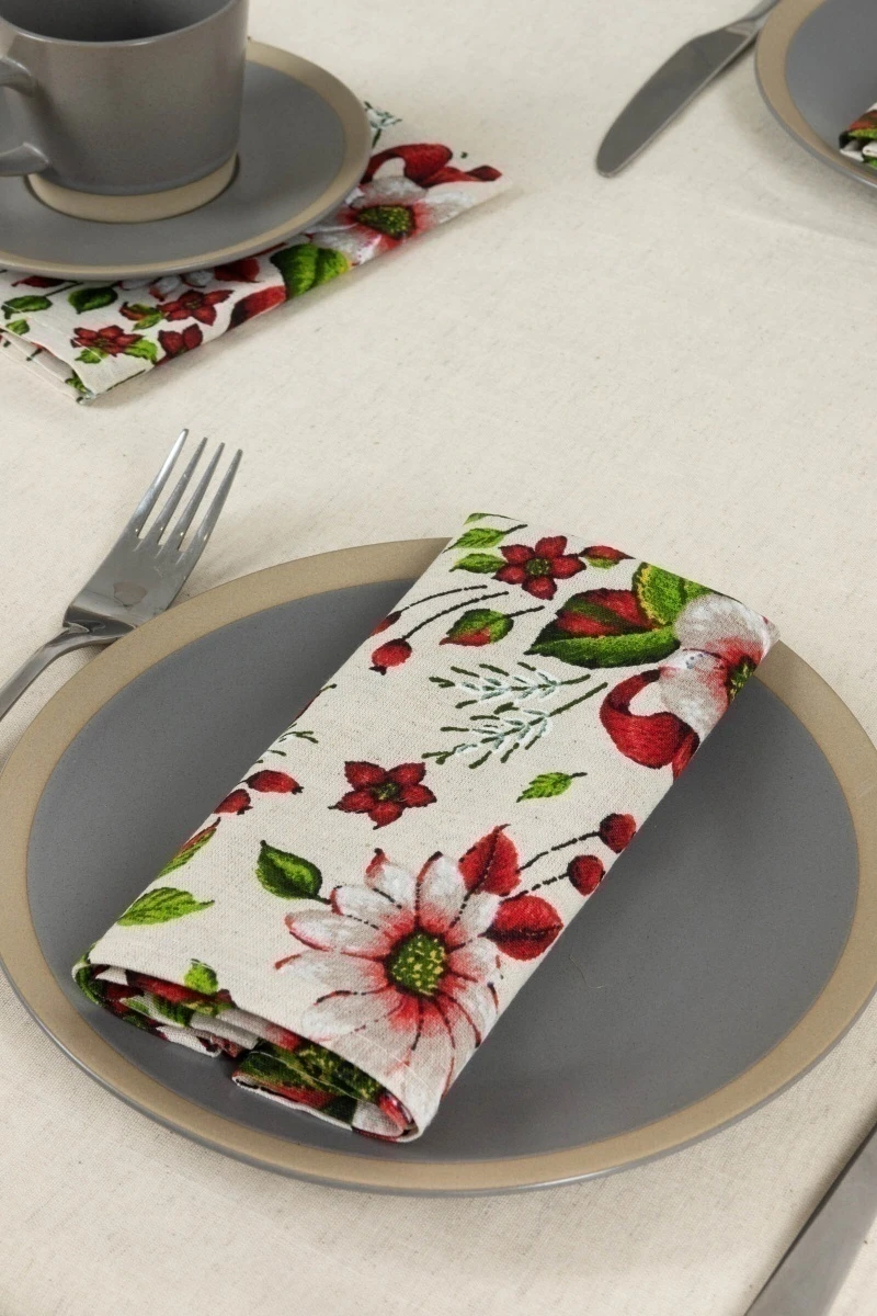 Салфетка полулен 027 Герберы (красный)