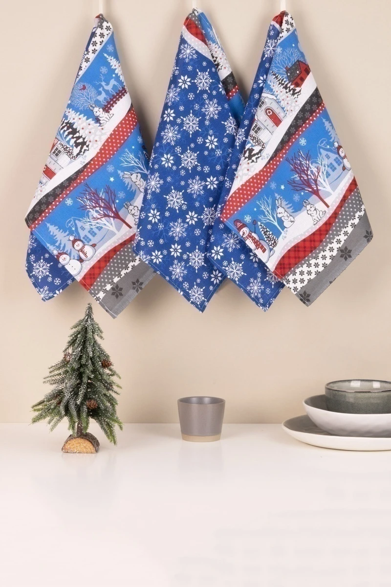 Набор полотенец рогожка (ХБК) 337 Нарядная сказка (синий) - 3 шт - 35х75 см