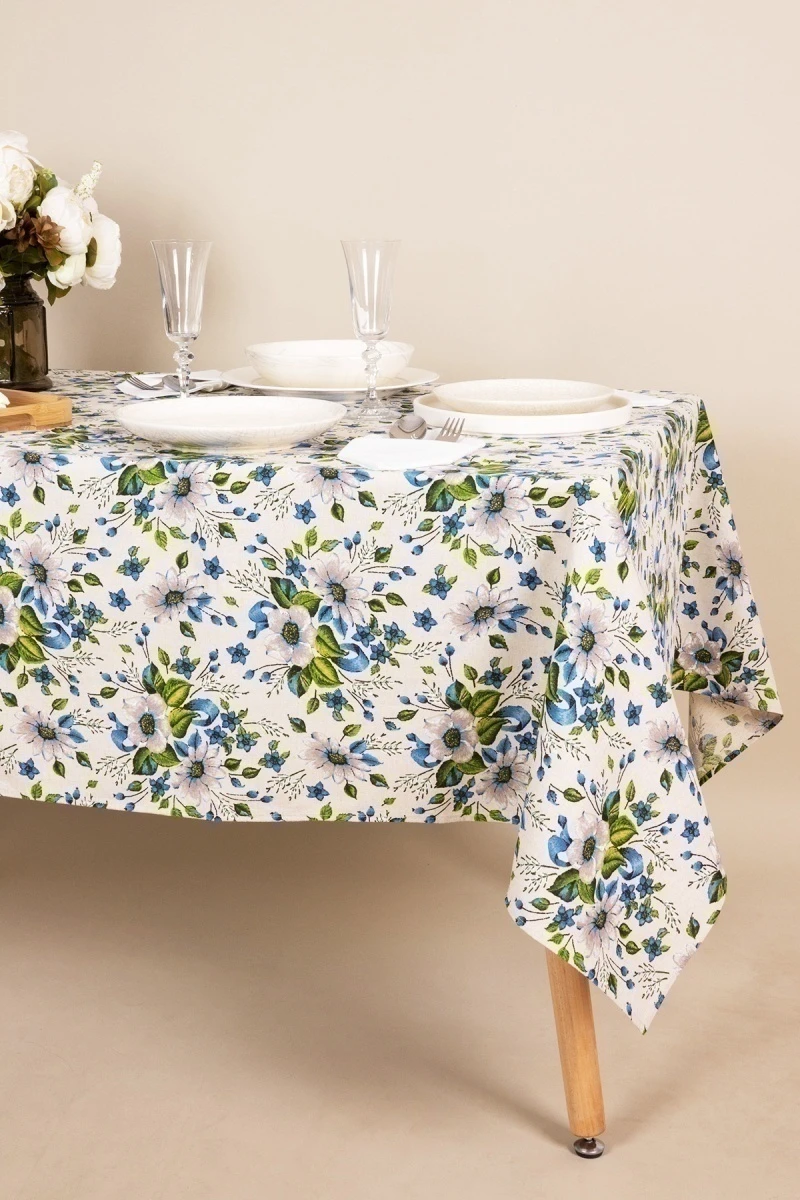 Скатерть полулен 017 Герберы (синий)