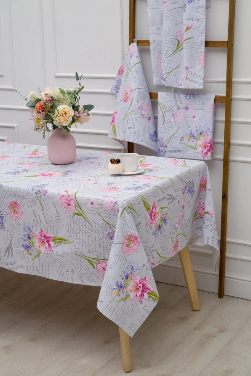 (ВНЛ) Скатерть Цветы и письма (серо-голубой)