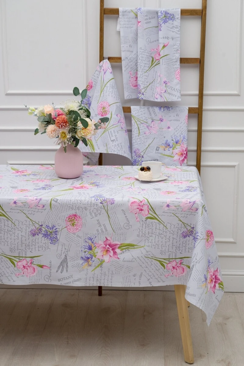 (ВНЛ) Скатерть Цветы и письма (серо-голубой)