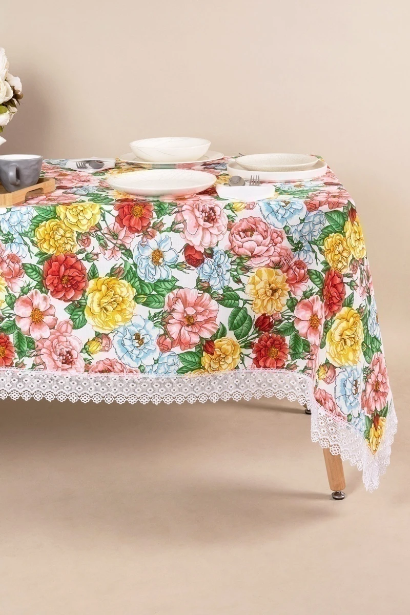 Скатерть с кружевом рогожка "ХБК" Аромат розы (вид 1)