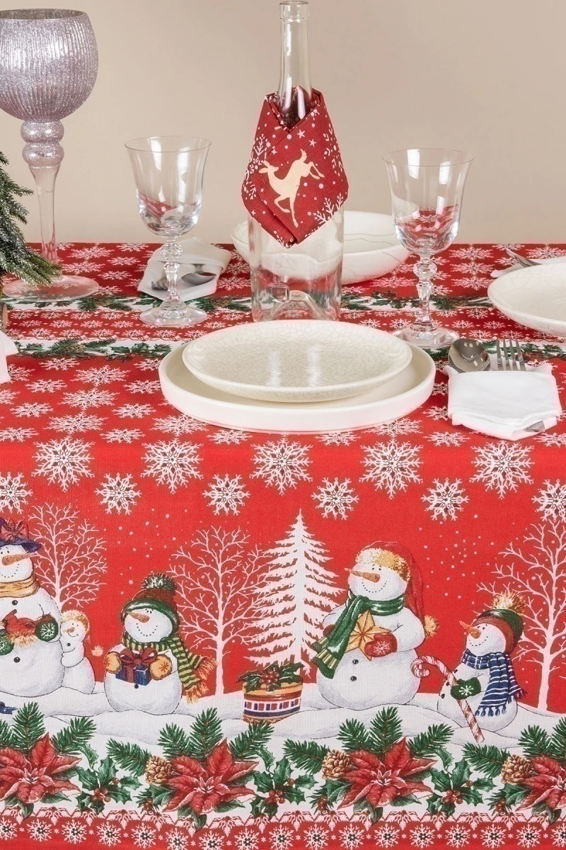 Скатерть рогожка "Пром" Семья снеговичков (красный)_