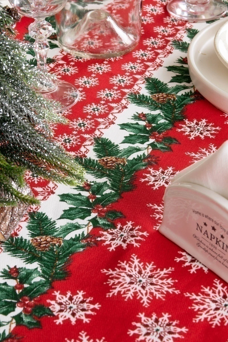 Скатерть рогожка "Пром" Семья снеговичков (красный)_