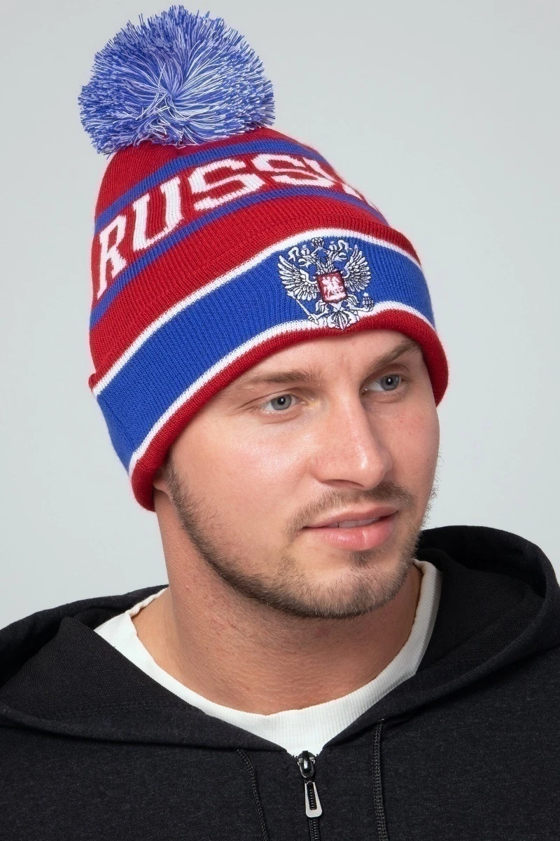 Шапка зимняя спортивная с помпоном - Красная (Серый герб)