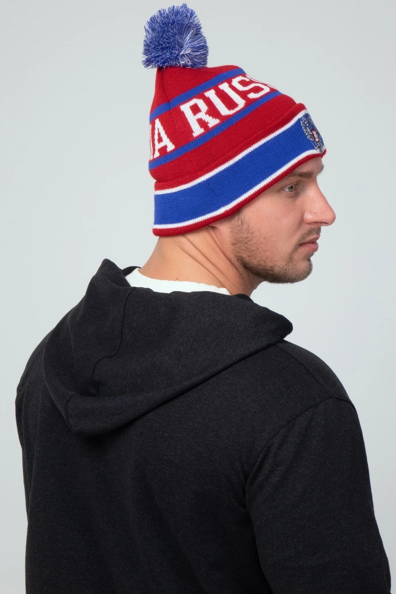 Шапка зимняя спортивная с помпоном - Красная (Серый герб)