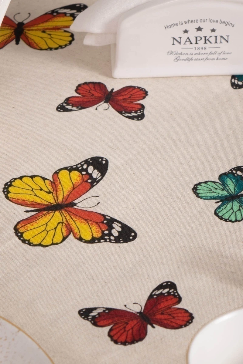 Скатерть с кружевом полулен 028 Бабочки (красный) (вид 5 Н)