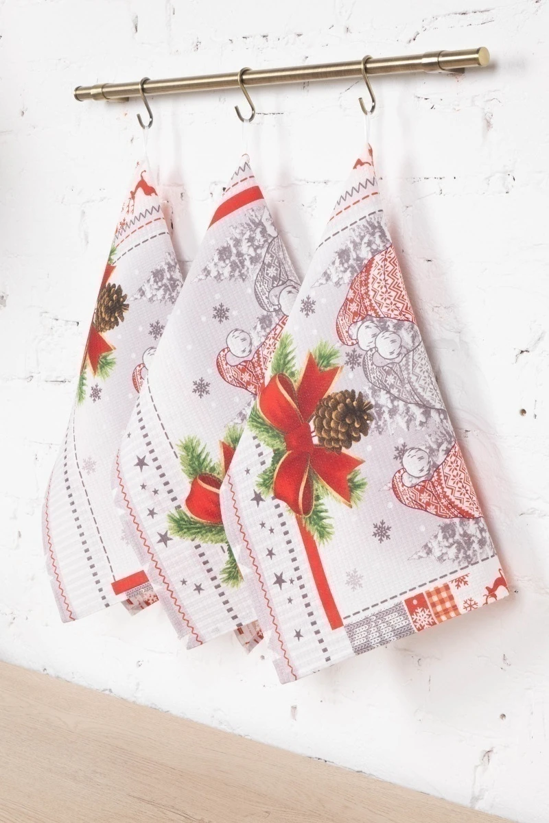 Набор вафельных полотенец (ХБК) 370 "Гномы в шапочках" - 3 шт - 45х60 см