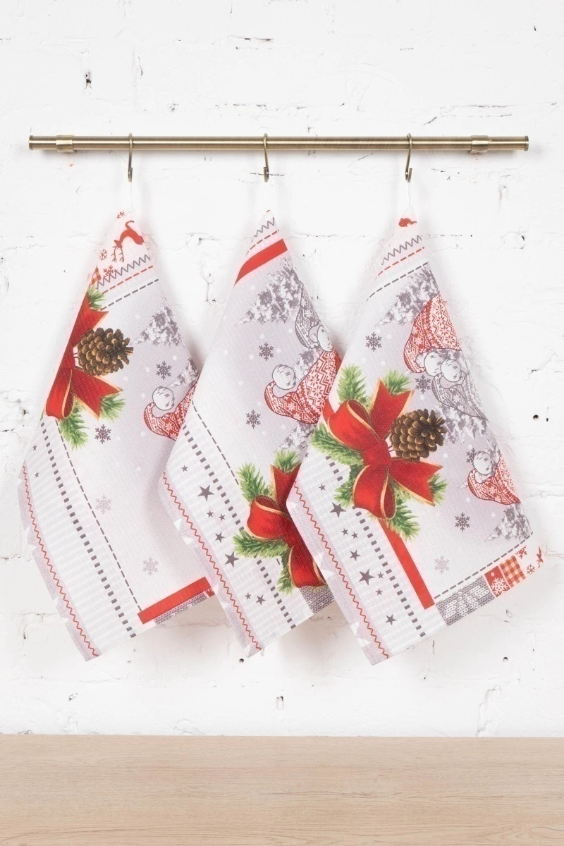 Набор вафельных полотенец (ХБК) 370 "Гномы в шапочках" - 3 шт - 45х60 см