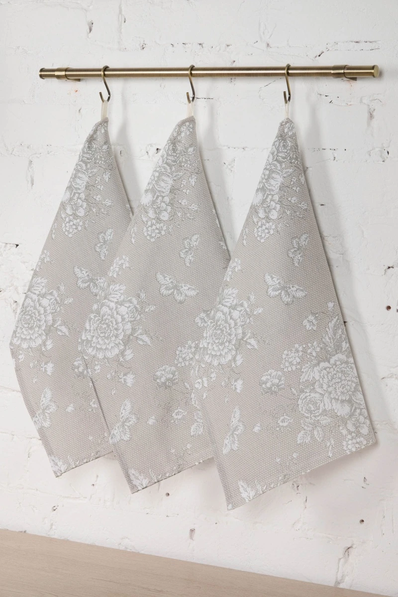 Набор полотенец рогожка (Диз) 051 Бабочки в цвету (серый) - 3 шт - 45х60 см