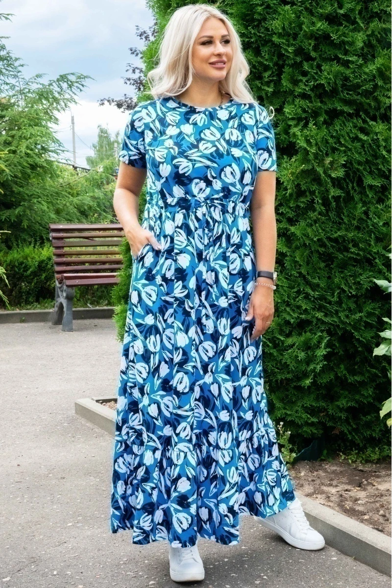 (СК) Платье "Маргарита" синий, цветы