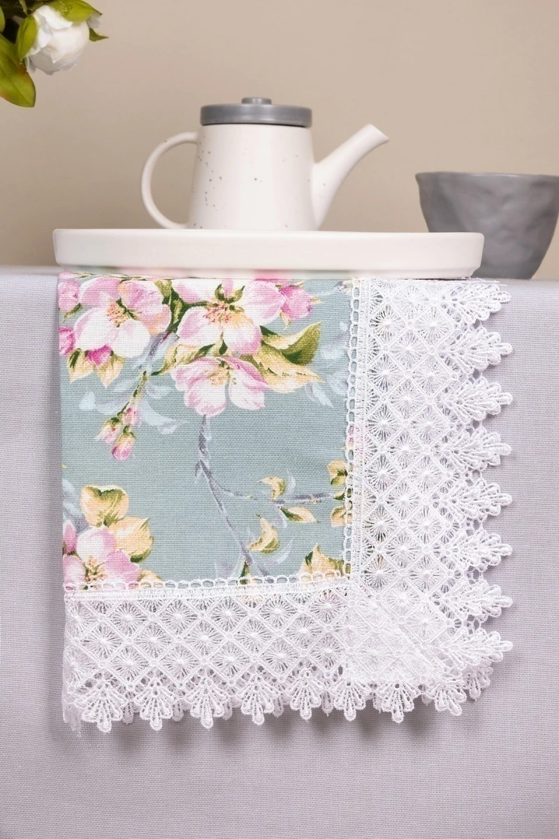 Салфетка из рогожки с кружевом (Диз) 049 Цвет вишни (серо-голубой) (вид 3)