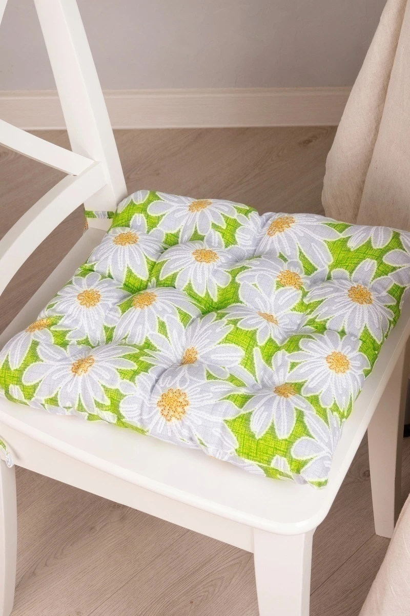 Подушка на стул из рогожки "Диз" Ромашки (зеленый) (М-9) (37*37)