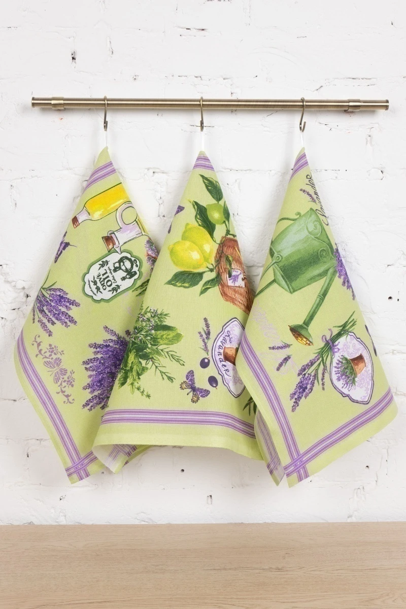 Набор полотенец рогожка (Пром) 120 Лаванда и оливки на зеленом - 3 шт - 45х60 см