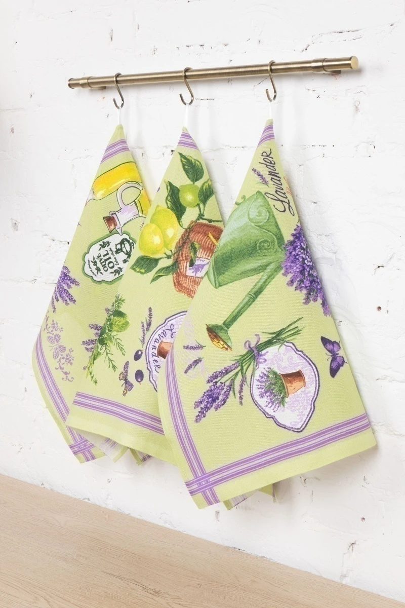 Набор полотенец рогожка (Пром) 120 Лаванда и оливки на зеленом - 3 шт - 45х60 см