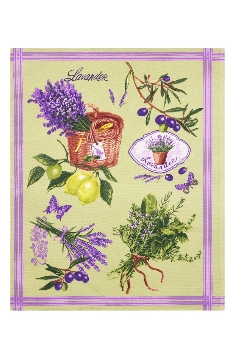 Набор полотенец рогожка (Пром) 120 Лаванда и оливки на зеленом - 3 шт - 45х60 см