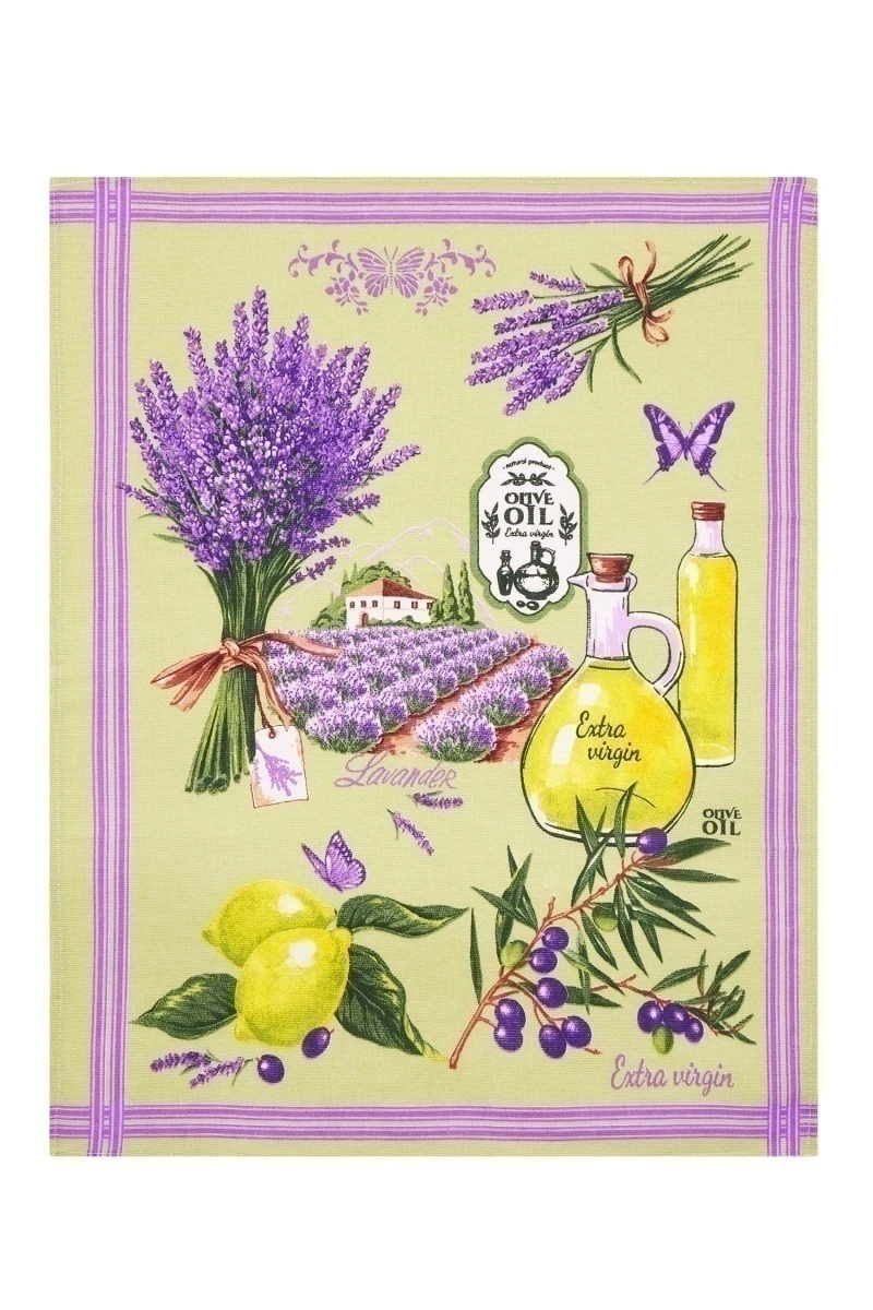 Набор полотенец рогожка (Пром) 120 Лаванда и оливки на зеленом - 3 шт - 45х60 см