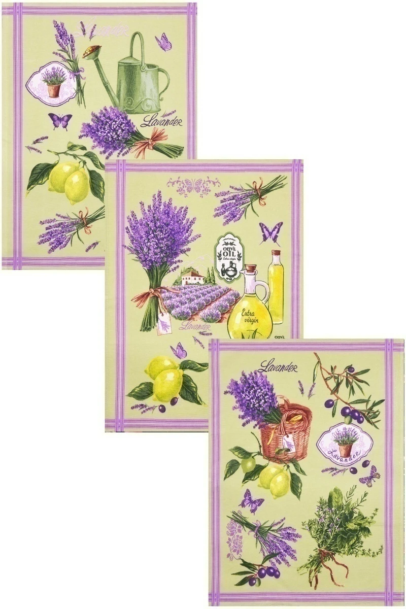 Набор полотенец рогожка (Пром) 120 Лаванда и оливки на зеленом - 3 шт - 45х60 см