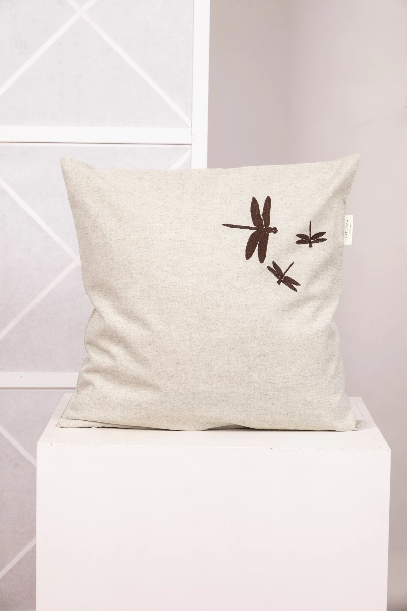 Декоративная наволочка с вышивкой Стрекоза на молнии полулен "ГОС" Льняная_